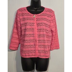 Ruby Rd Women's Pink‎ Cardigan Sweater Size PM Grandma Librarian Lace Pendant
